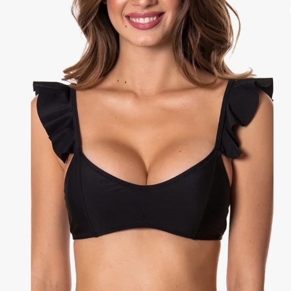 Flutter Strap Ruffle Triangle Bikini Top - Black, L